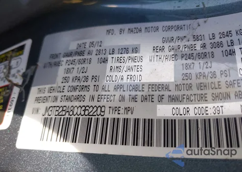 2012 Mazda Cx-9 Sport z USA, uszkodzony, nr VIN JM3TB2BA8C0362209